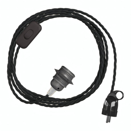 Lampe baladeuse câble textile torsadé, douille métal gris foncé, prise Schuko