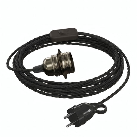 Lampe baladeuse câble textile torsadé, douille métal perle noire, prise Schuko, autre vue