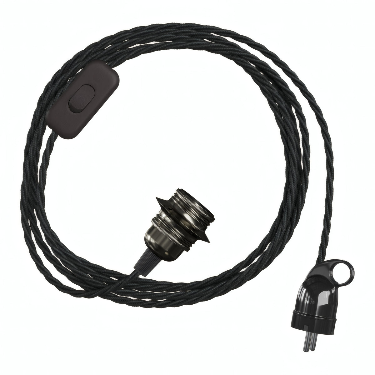 Lampe baladeuse câble textile torsadé, douille métal perle noire, prise Schuko