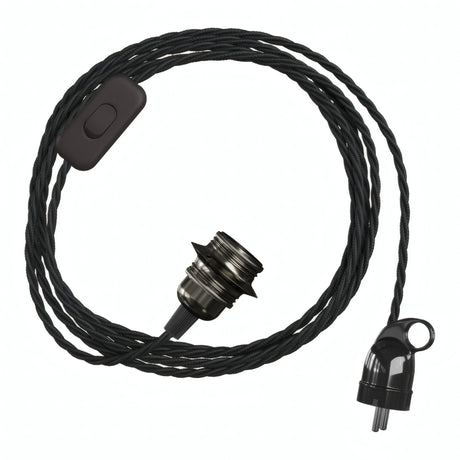 Lampe baladeuse câble textile torsadé, douille métal perle noire, prise Schuko