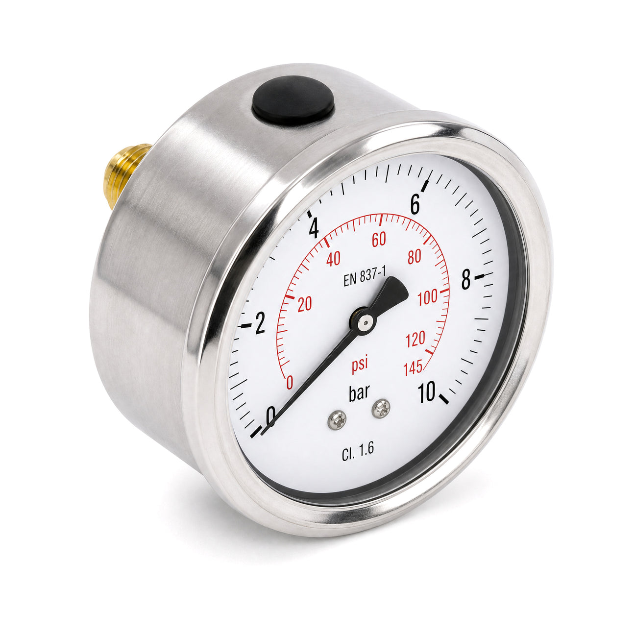 Manomètre axial inox à bain de silicone 0-10 bar, vue trois-quarts avant, bouchon de remplissage