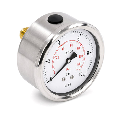Manomètre axial inox à bain de silicone 0-10 bar, vue trois-quarts avant, bouchon de remplissage