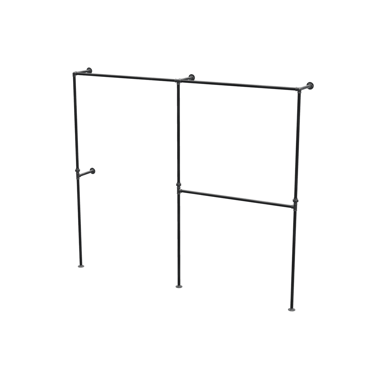 Penderie ouverte à deux baies en tuyaux de plomberie noirs Ø 27 mm — baies de 120 + 120 cm, vue de trois quarts sur fond blanc