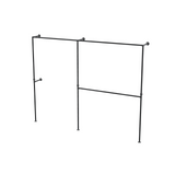 Penderie ouverte à deux baies en tuyaux de plomberie noirs Ø 27 mm — baies de 120 + 150 cm, vue de trois quarts sur fond blanc