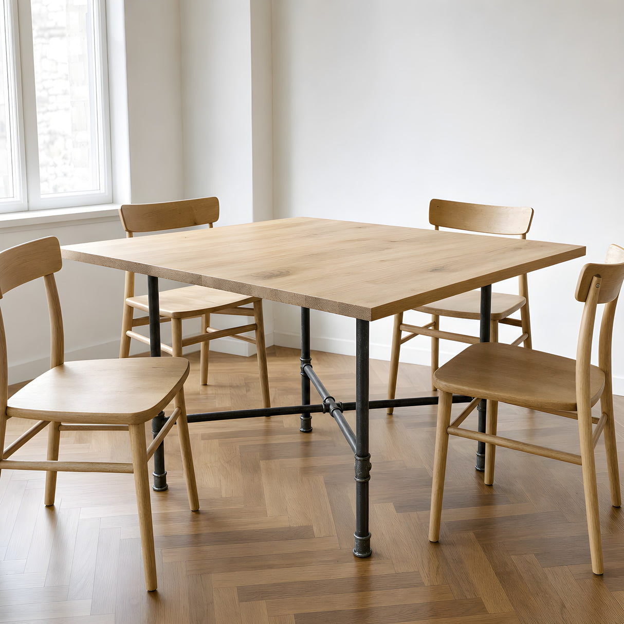 Piètement de table à manger en croix, fonte et acier vernis Ø 27 mm, en situation sous un plateau en chêne massif clair