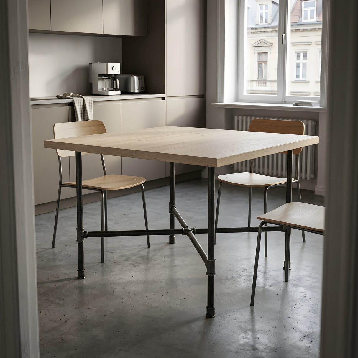 Piètement de table à manger en croix, fonte et acier vernis Ø 27 mm, en situation sous un plateau en chêne blanchi