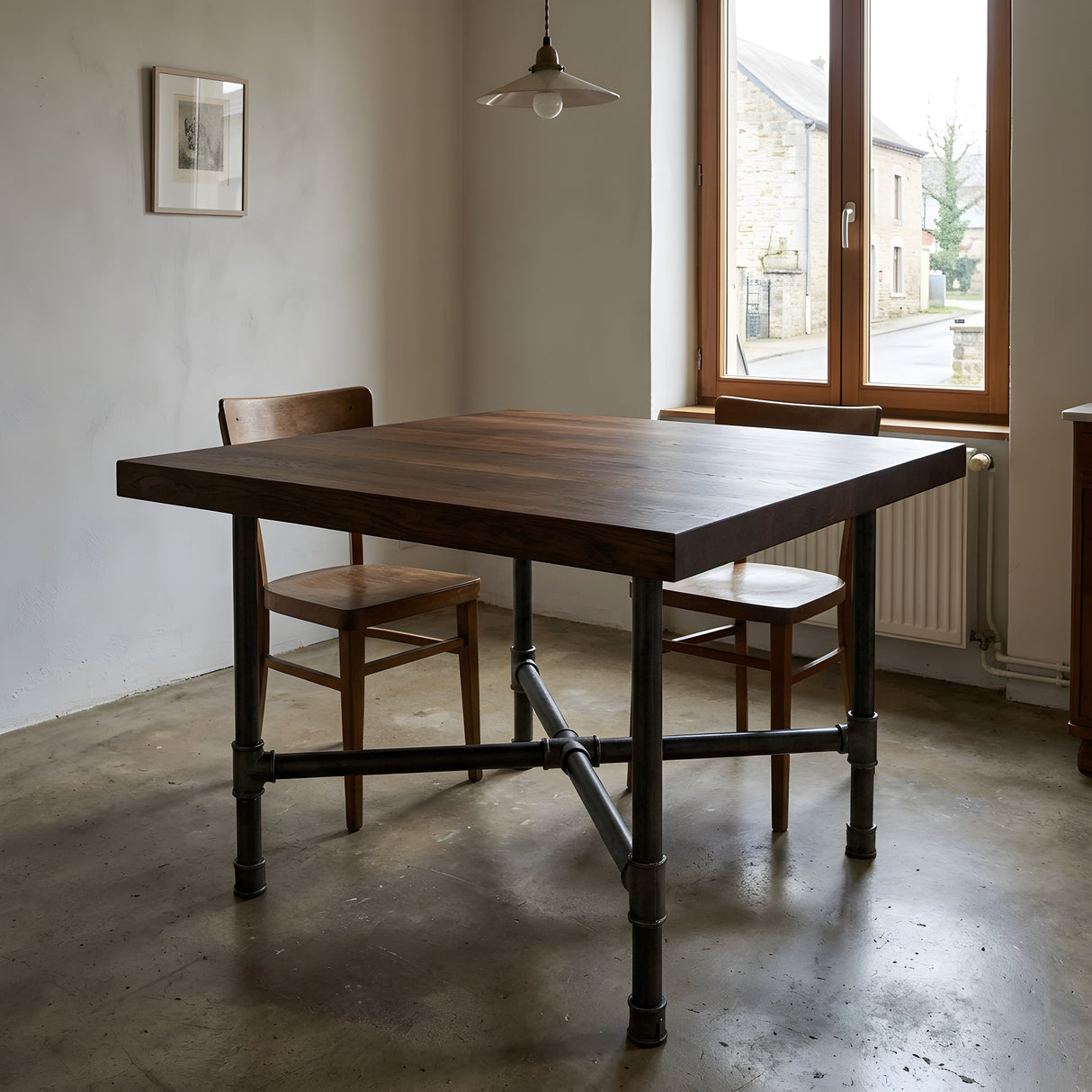 Piètement de table à manger en croix, fonte et acier vernis Ø 42 mm, en situation sous un plateau épais en chêne fumé