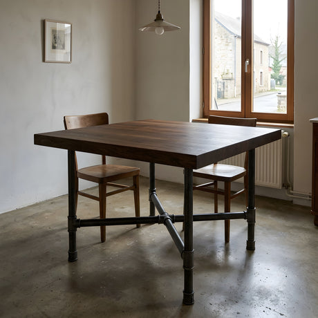 Piètement de table à manger en croix, fonte et acier vernis Ø 42 mm, en situation sous un plateau épais en chêne fumé