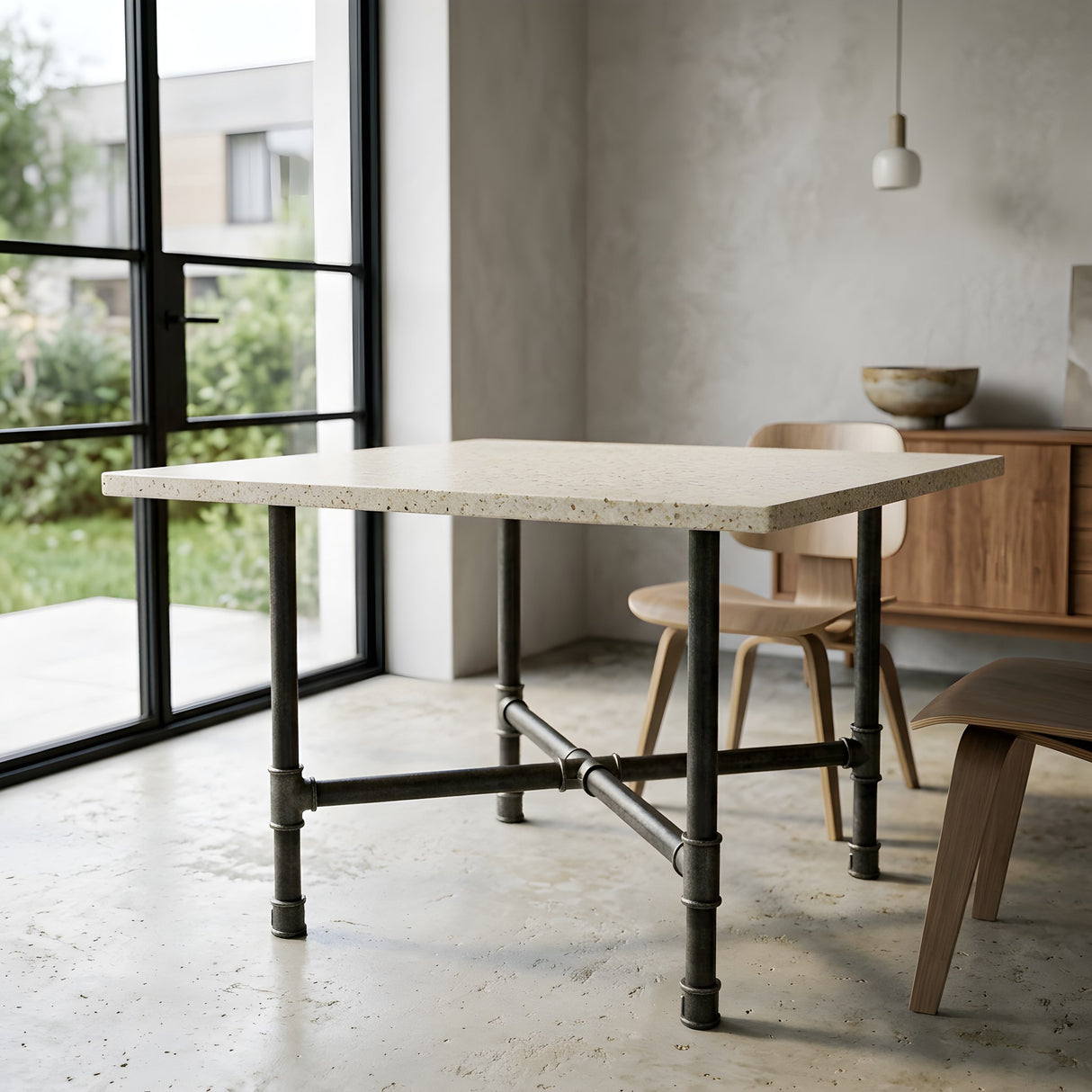 Piètement de table à manger en croix, fonte et acier vernis Ø 42 mm, en situation sous un plateau en terrazzo clair