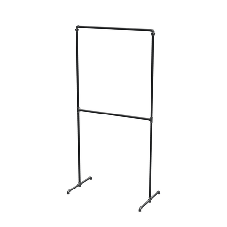 Portant à vêtements autoportant double niveau en tuyaux de plomberie noirs Ø 27 mm — largeur 100 cm, hauteur 216 cm, vue de trois quarts sur fond blanc