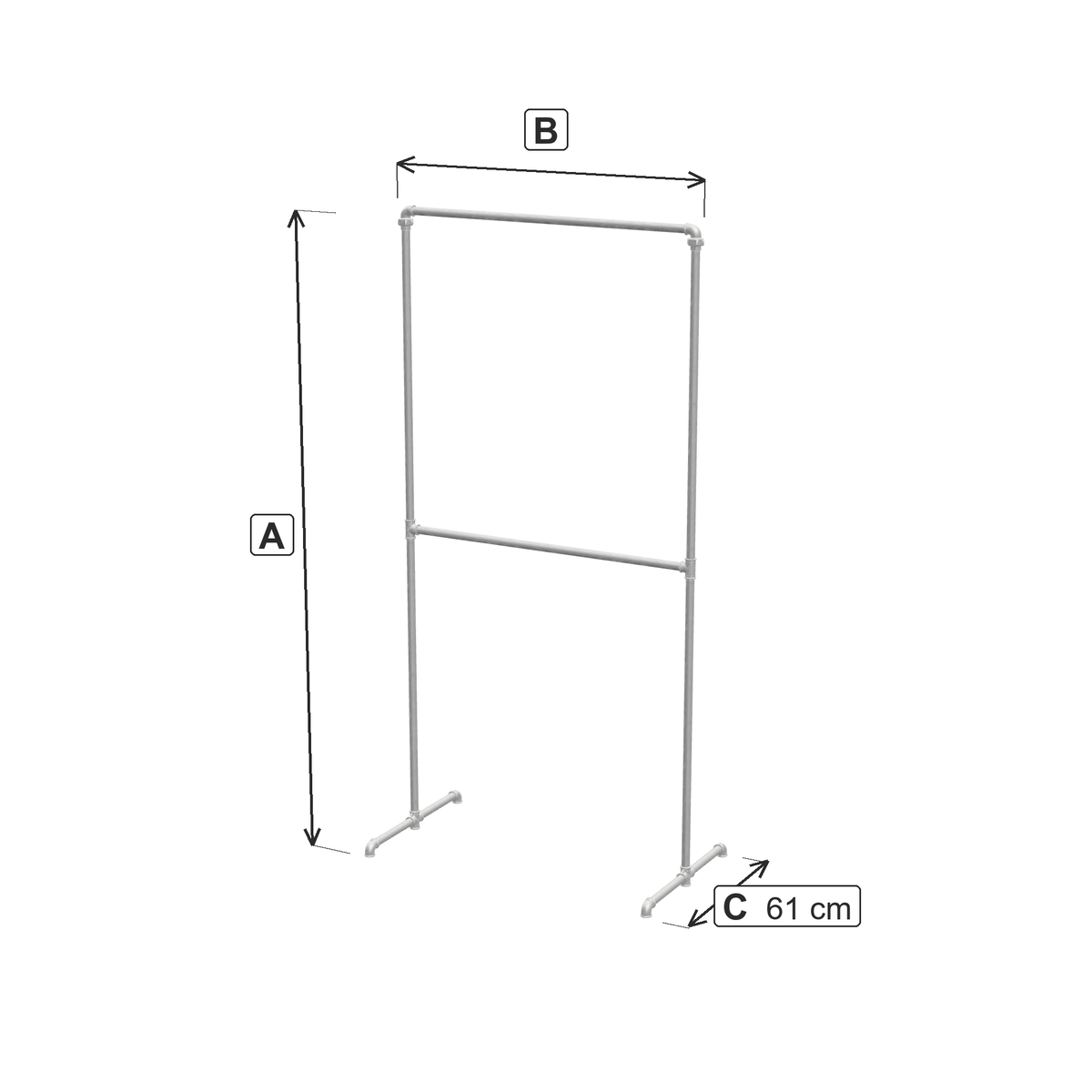 Portant autoportant double niveau galvanisé : cotes hors tout, hauteur et largeur selon la variante, profondeur fixe 61 cm