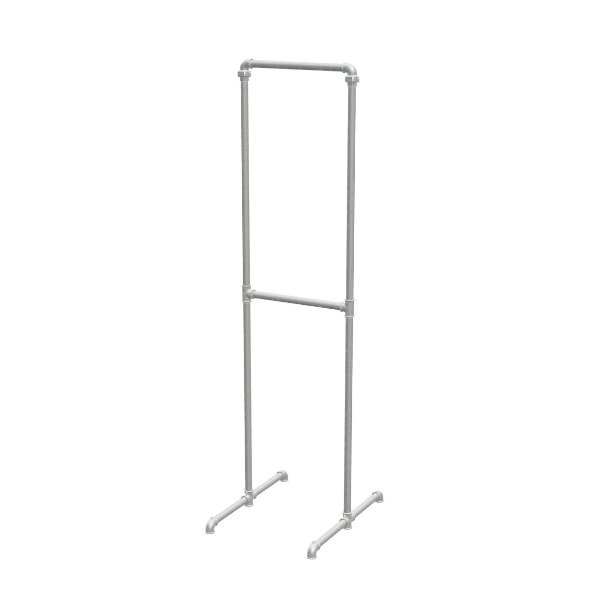 Portant à vêtements autoportant double niveau en tuyaux de plomberie galvanisés Ø 27 mm — largeur 40 cm, hauteur 176 cm, vue de trois quarts sur fond blanc