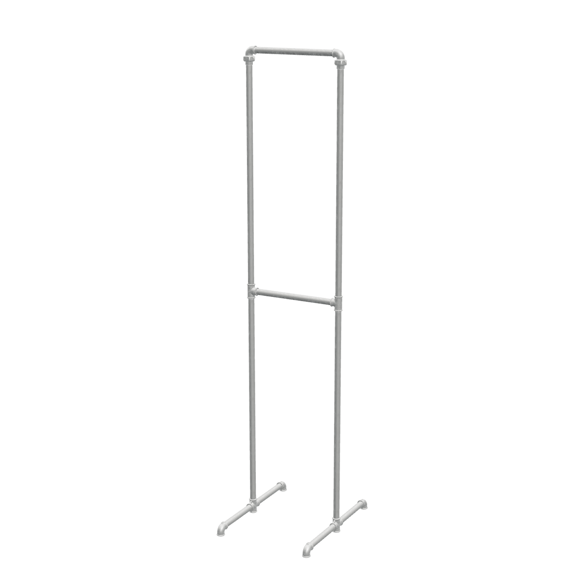 Portant à vêtements autoportant double niveau en tuyaux de plomberie galvanisés Ø 27 mm — largeur 40 cm, hauteur 216 cm, vue de trois quarts sur fond blanc
