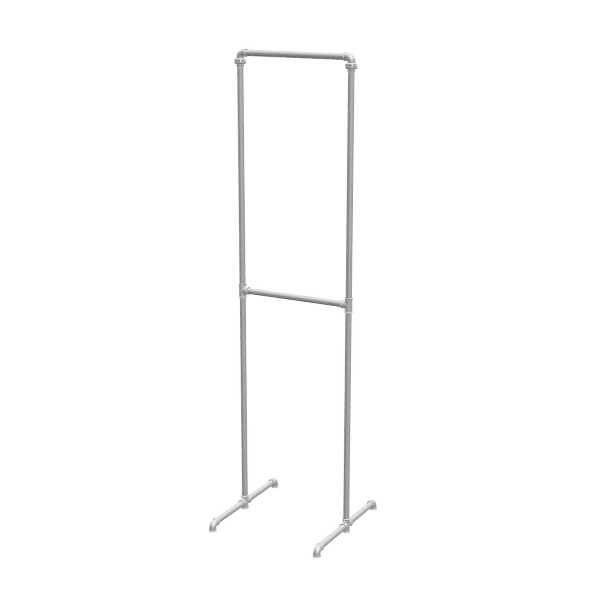 Portant à vêtements autoportant double niveau en tuyaux de plomberie galvanisés Ø 27 mm — largeur 50 cm, hauteur 216 cm, vue de trois quarts sur fond blanc