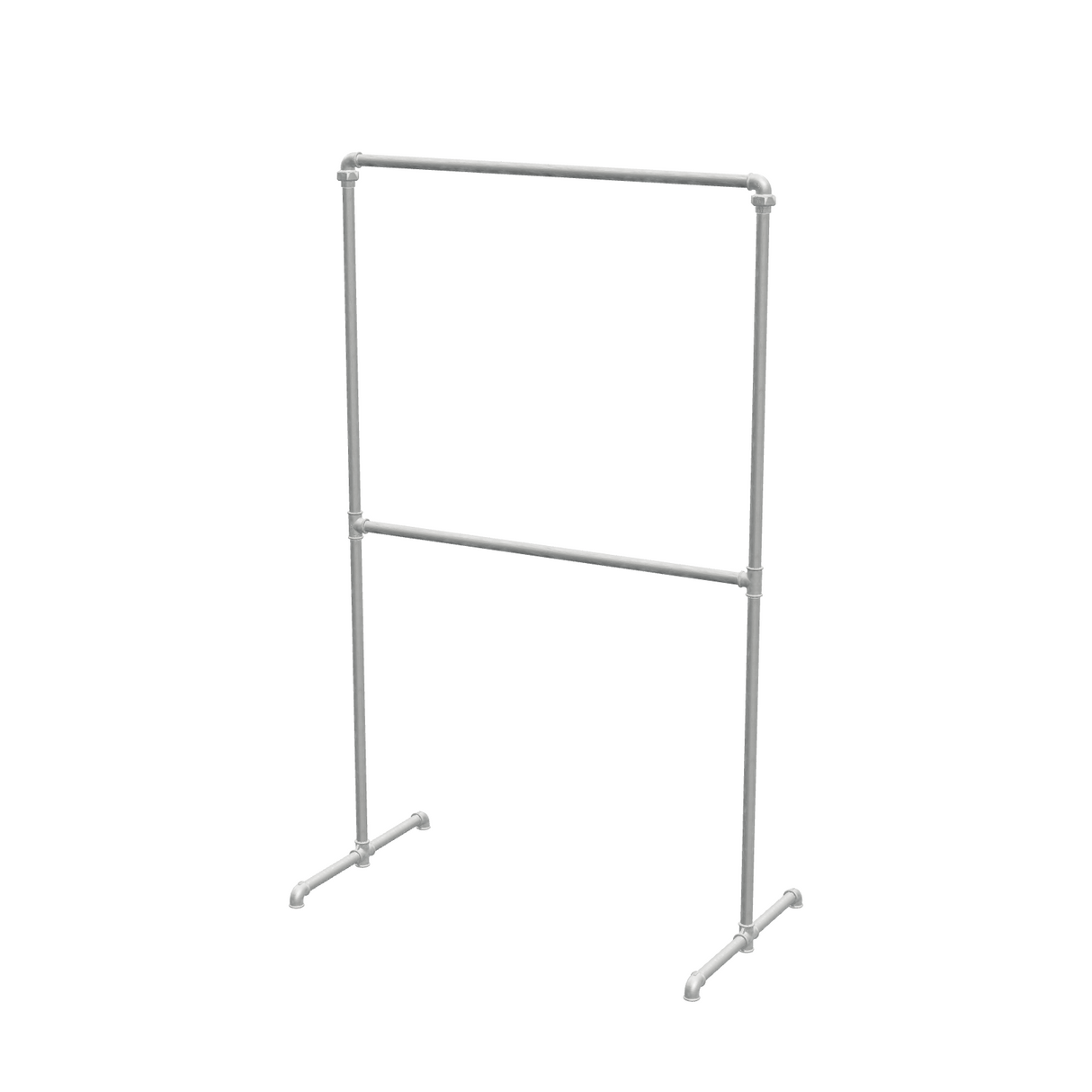 Portant à vêtements autoportant double niveau en tuyaux de plomberie galvanisés Ø 27 mm — largeur 100 cm, hauteur 176 cm, vue de trois quarts sur fond blanc