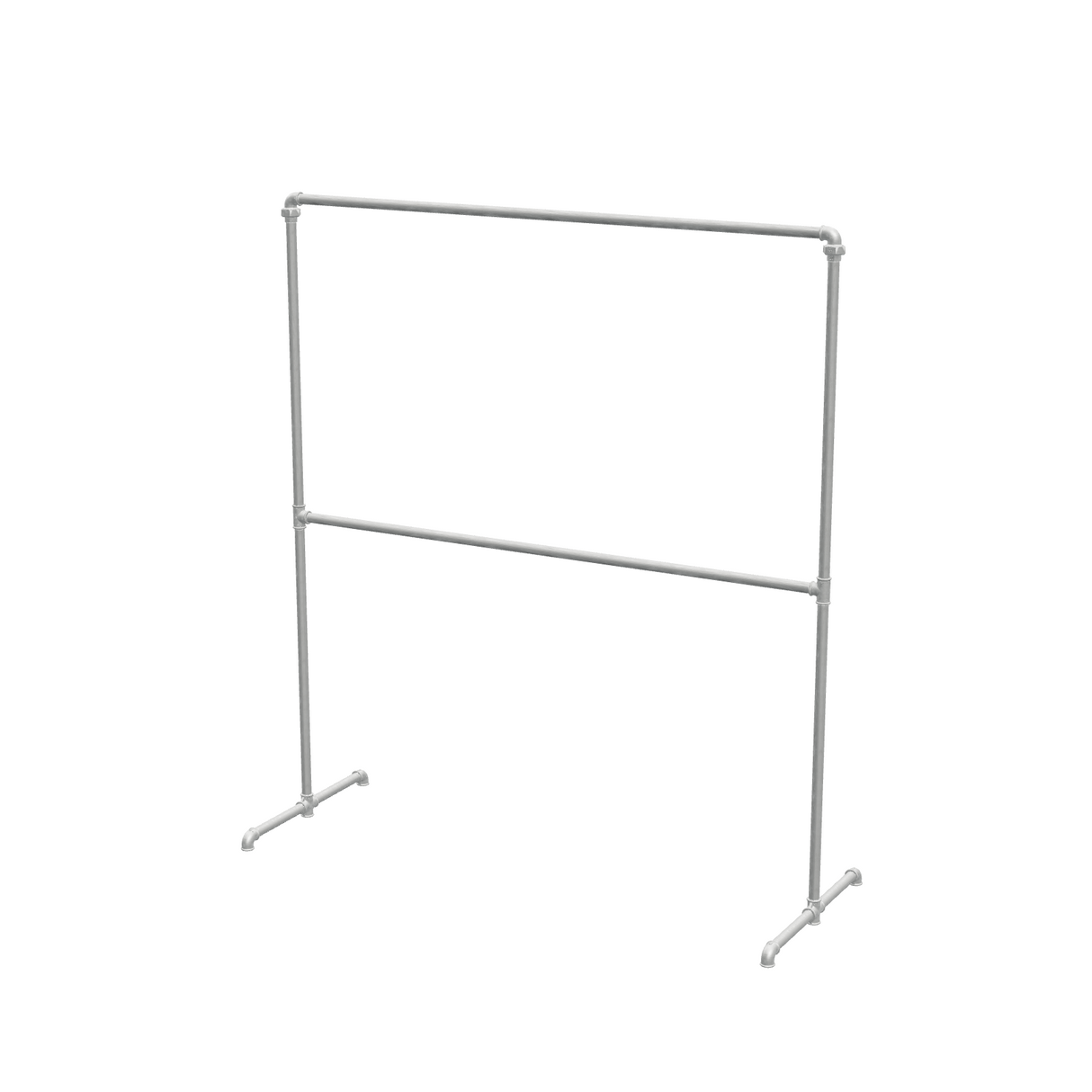 Portant à vêtements autoportant double niveau en tuyaux de plomberie galvanisés Ø 27 mm — largeur 150 cm, hauteur 176 cm, vue de trois quarts sur fond blanc