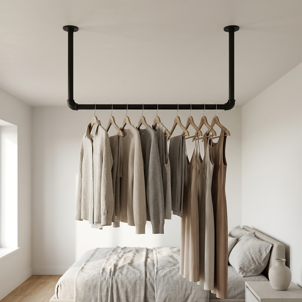 Portant plafond en tubes noirs dans une chambre, vêtements suspendus sur cintres en bois