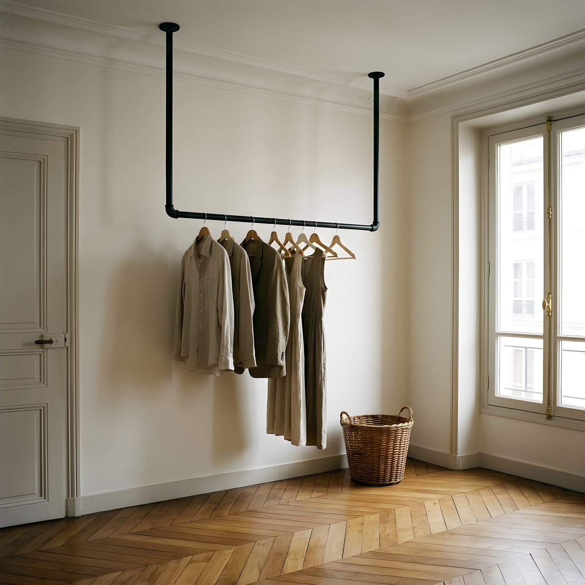Portant plafond en tubes noirs dans une entrée, un manteau et une écharpe suspendus