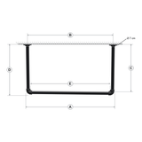 Schéma coté du portant plafond : largeur hors tout A, entraxe des brides B, axe de la tringle C, hauteur sous plafond D, tringle libre E, brides Ø 7 cm