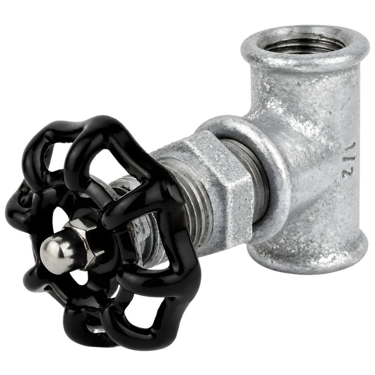 Raccord style vanne 1/2'' avec volant noir 52 mm, écrou inox, raccord en fonte galvanisée