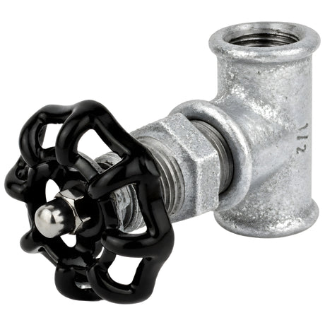 Raccord style vanne 1/2'' avec volant noir 52 mm, écrou inox, raccord en fonte galvanisée