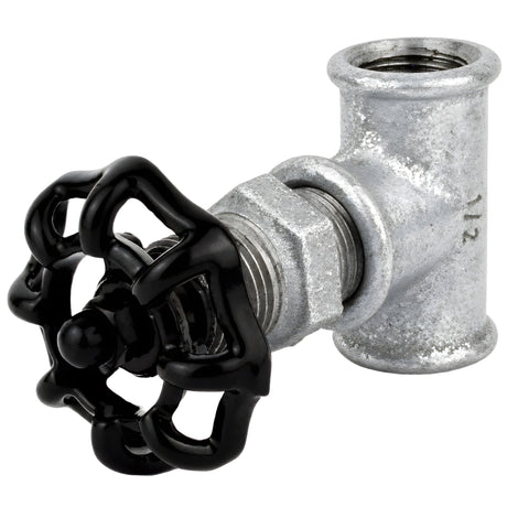 Raccord style vanne 1/2'' avec volant noir 52 mm, écrou noir, raccord en fonte galvanisée
