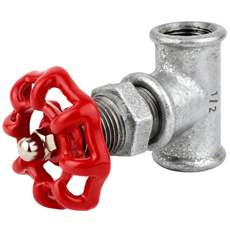 Raccord style vanne 1/2'' avec volant rouge 52 mm, écrou inox, raccord en fonte galvanisée