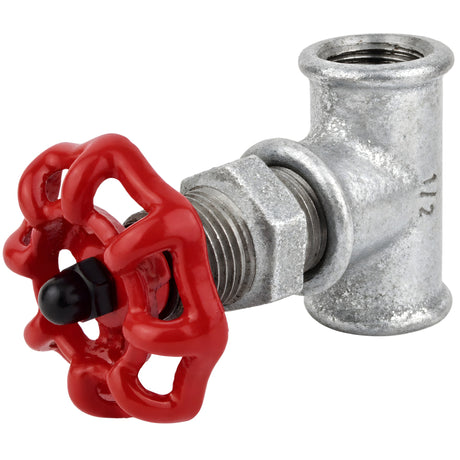 Raccord style vanne 1/2'' avec volant rouge 52 mm, écrou noir, raccord en fonte galvanisée