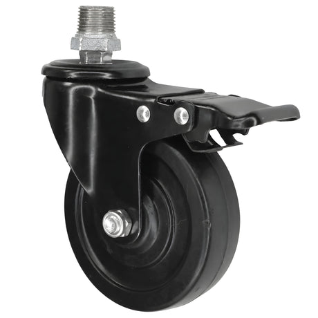 Roulette industrielle noire à frein, roue en caoutchouc de 100 mm, 1/2'' (15x21mm) mâle, raccord en fonte galvanisée