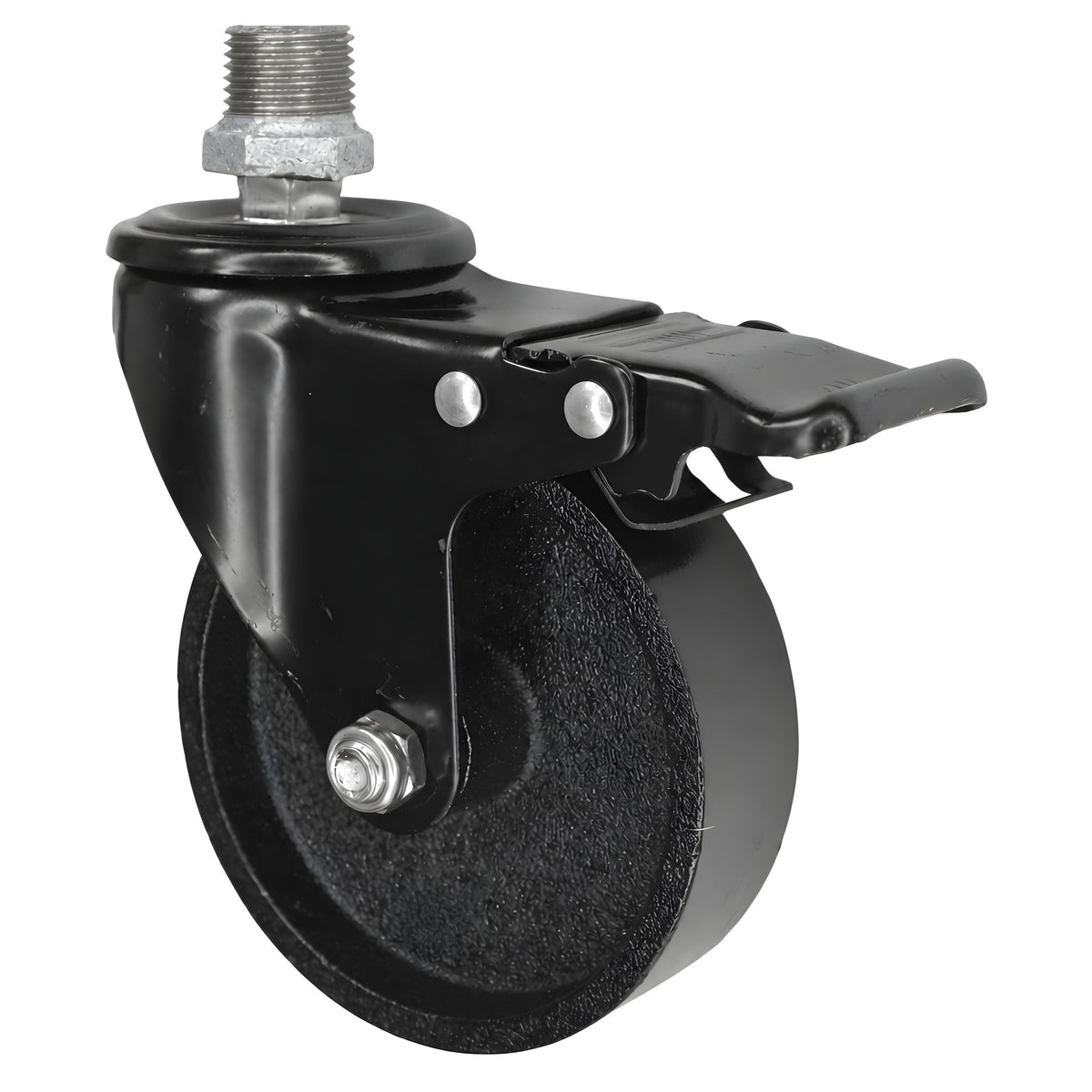Roulette industrielle noire à frein, roue en fonte de 100 mm, 1/2'' (15x21mm) mâle, raccord en fonte galvanisée