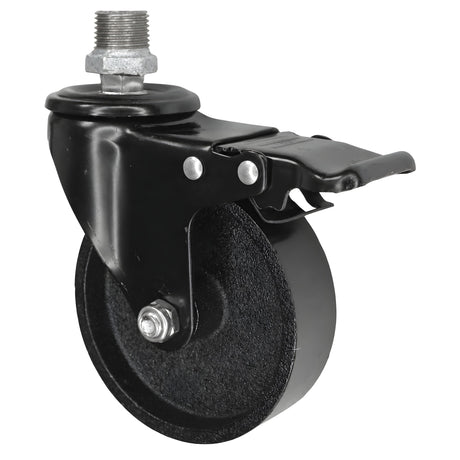 Roulette industrielle noire à frein, roue en fonte de 100 mm, 1/2'' (15x21mm) mâle, raccord en fonte galvanisée
