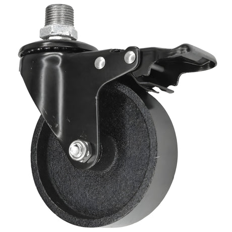 Roulette industrielle noire à frein, roue en fonte de 100 mm, filetage mâle, raccord en fonte galvanisée