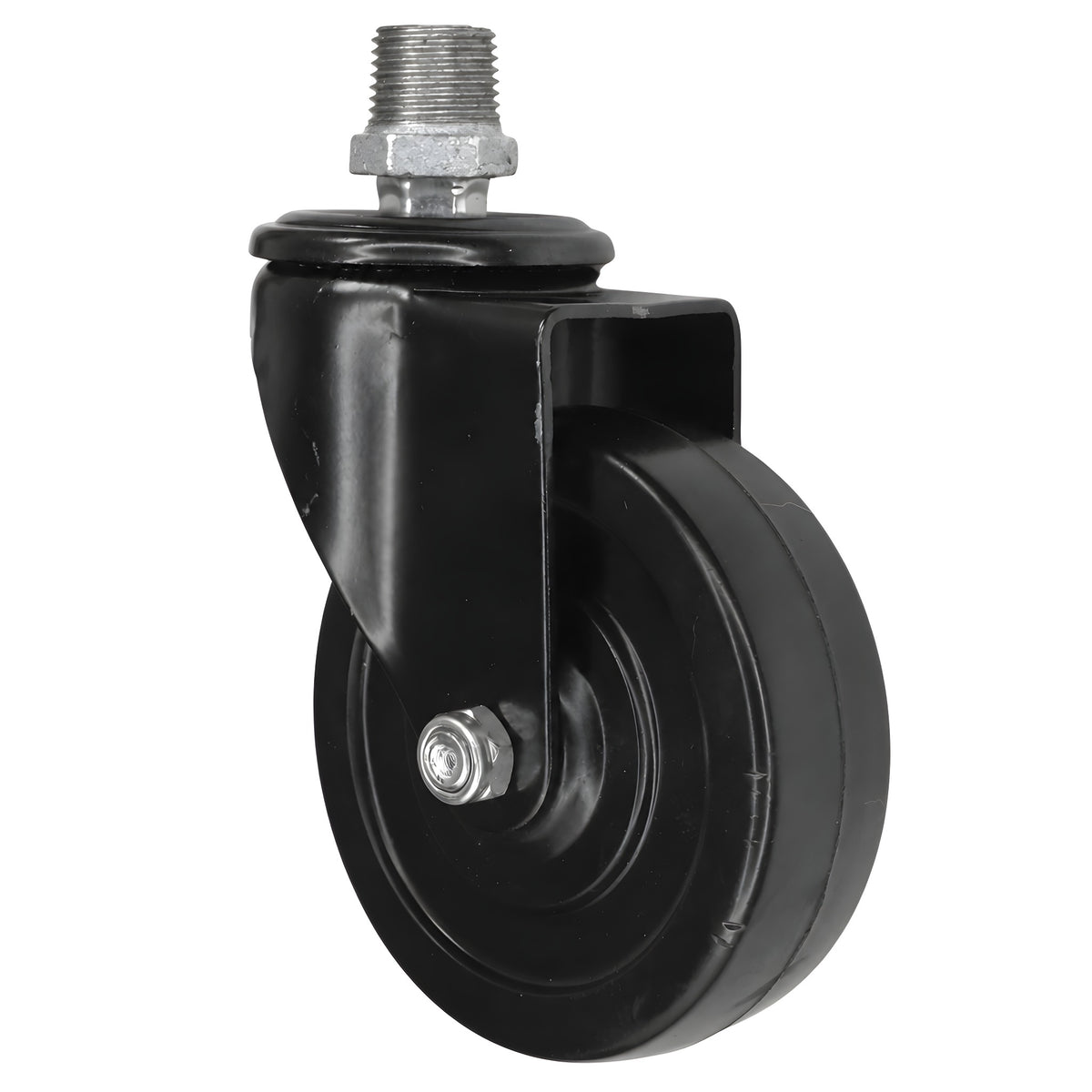 Roulette industrielle noire pivotante à roue en caoutchouc de 100 mm, 1/2'' (15x21mm) mâle, raccord en fonte galvanisée
