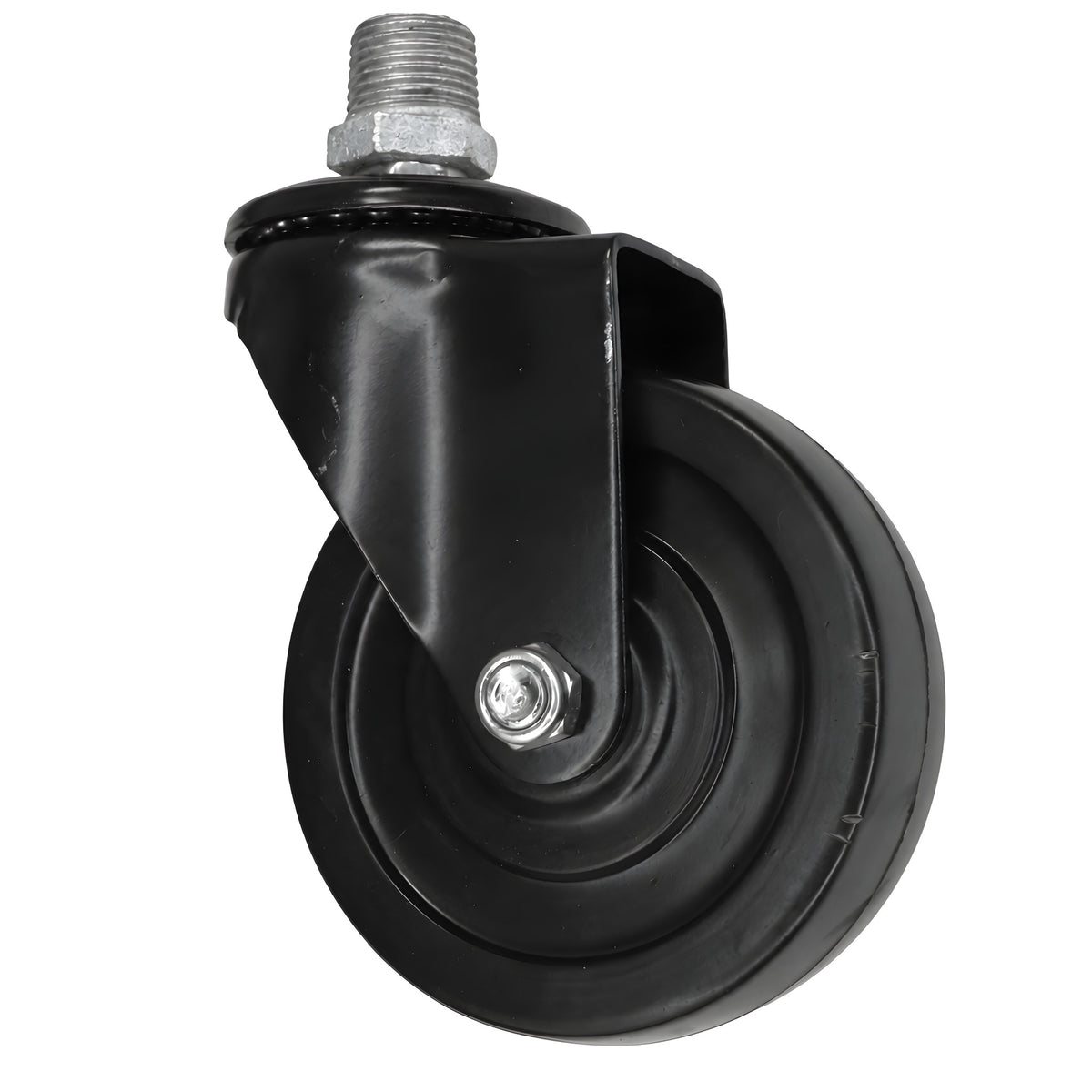 Roulette industrielle noire pivotante à roue en caoutchouc de 100 mm, filetage mâle, raccord en fonte galvanisée