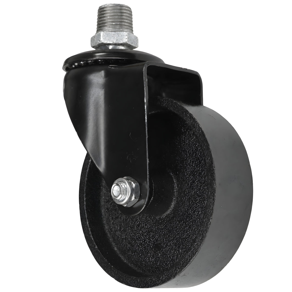 Roulette industrielle noire pivotante à roue en fonte de 100 mm, filetage mâle, raccord en fonte galvanisée