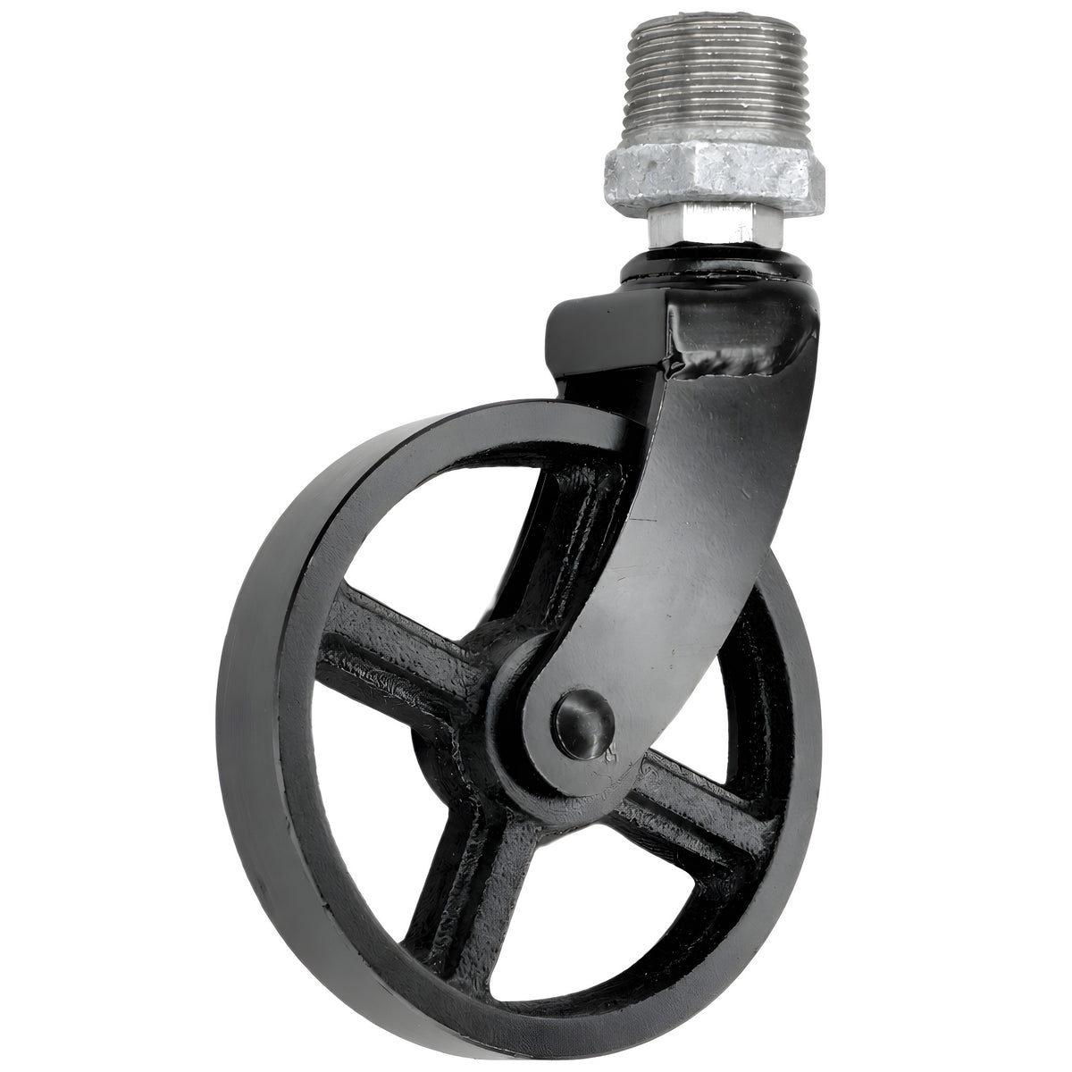 Roulette industrielle noire pivotante à roue en métal de 90 mm, filetage mâle, raccord en fonte galvanisée