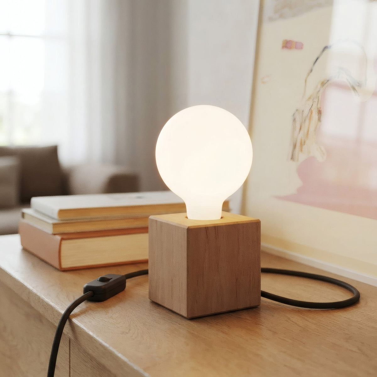 Socle de lampe cube en bois d'aulne pour douille E27