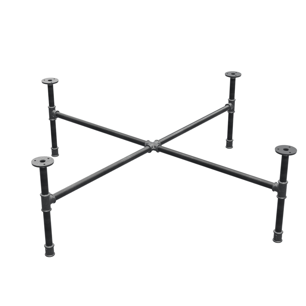 Piètement de table basse industrielle en fonte, pieds en croix, 108 × 108 cm, hauteur 32 cm, vue trois quarts
