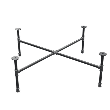 Piètement de table basse industrielle en fonte, pieds en croix, 108 × 108 cm, hauteur 32 cm, vue trois quarts