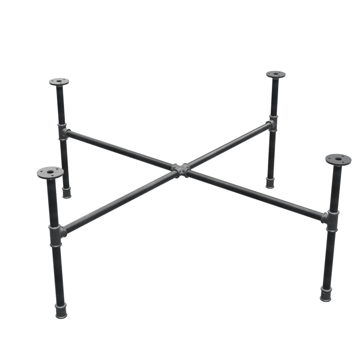Piètement de table basse industrielle en fonte, pieds en croix, 108 × 108 cm, hauteur 42 cm, vue trois quarts