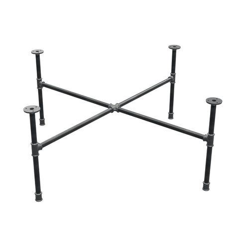 Piètement de table basse industrielle en fonte, pieds en croix, 108 × 108 cm, hauteur 42 cm, vue trois quarts