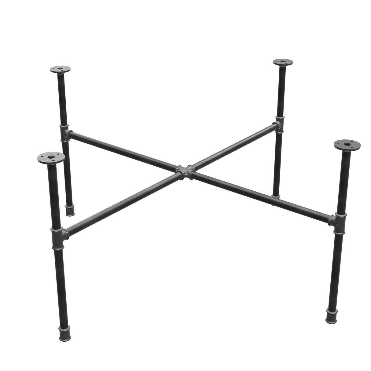 Piètement de table basse industrielle en fonte, pieds en croix, 108 × 108 cm, hauteur 52 cm, vue trois quarts