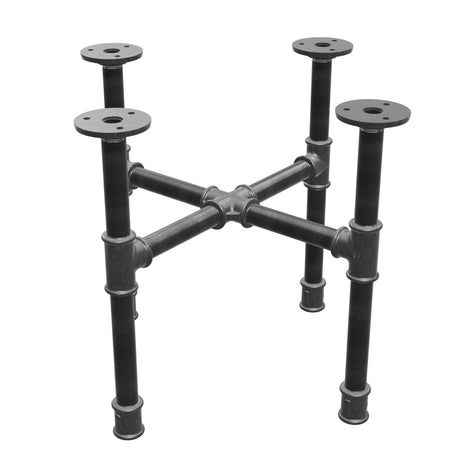 Piètement de table basse industrielle en fonte, pieds en croix, 38 × 38 cm, hauteur 32 cm, vue trois quarts