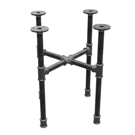 Piètement de table basse industrielle en fonte, pieds en croix, 38 × 38 cm, hauteur 42 cm, vue trois quarts