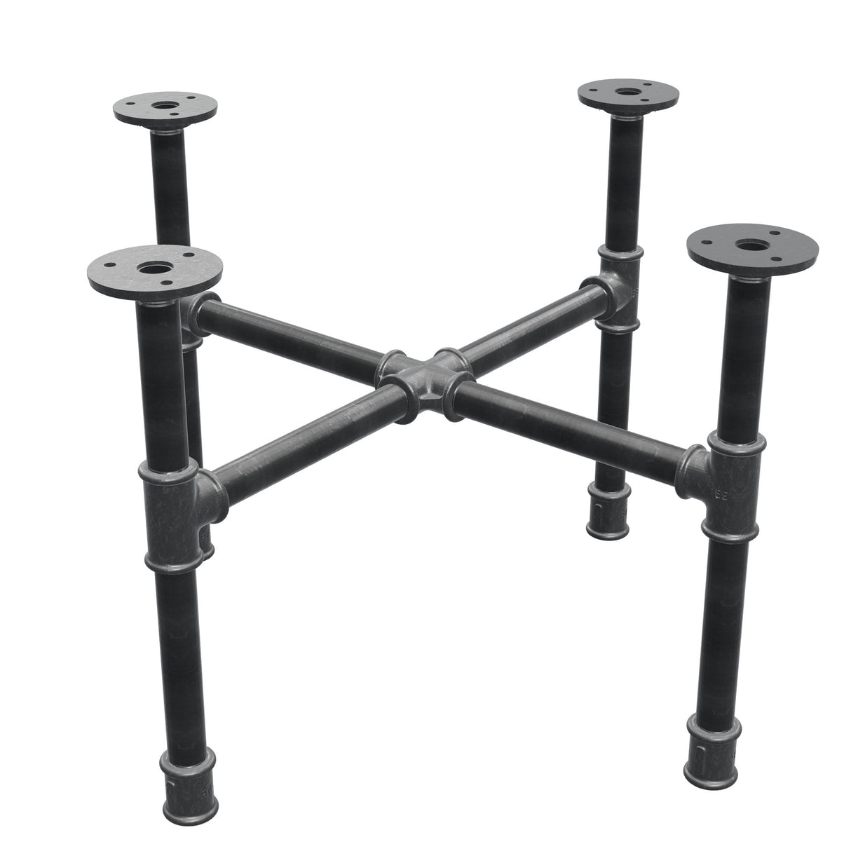 Piètement de table basse industrielle en fonte, pieds en croix, 48 × 48 cm, hauteur 32 cm, vue trois quarts
