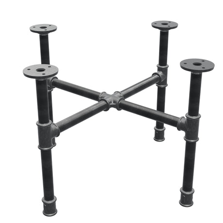 Piètement de table basse industrielle en fonte, pieds en croix, 48 × 48 cm, hauteur 32 cm, vue trois quarts