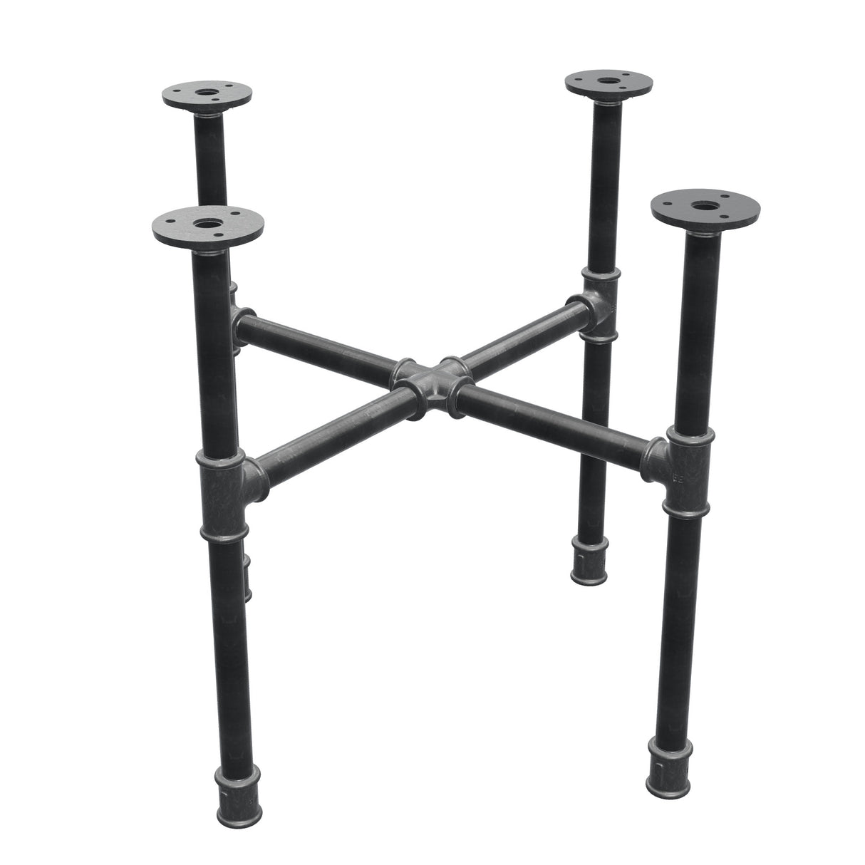 Piètement de table basse industrielle en fonte, pieds en croix, 48 × 48 cm, hauteur 42 cm, vue trois quarts