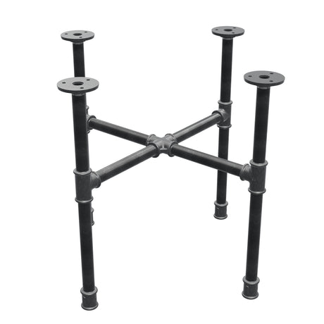 Piètement de table basse industrielle en fonte, pieds en croix, 48 × 48 cm, hauteur 42 cm, vue trois quarts