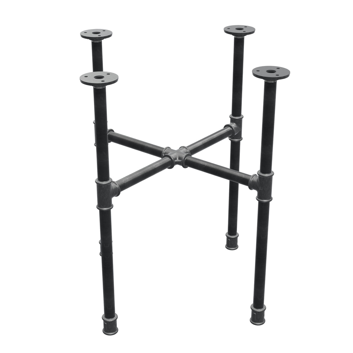 Piètement de table basse industrielle en fonte, pieds en croix, 48 × 48 cm, hauteur 52 cm, vue trois quarts