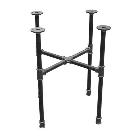 Piètement de table basse industrielle en fonte, pieds en croix, 48 × 48 cm, hauteur 52 cm, vue trois quarts